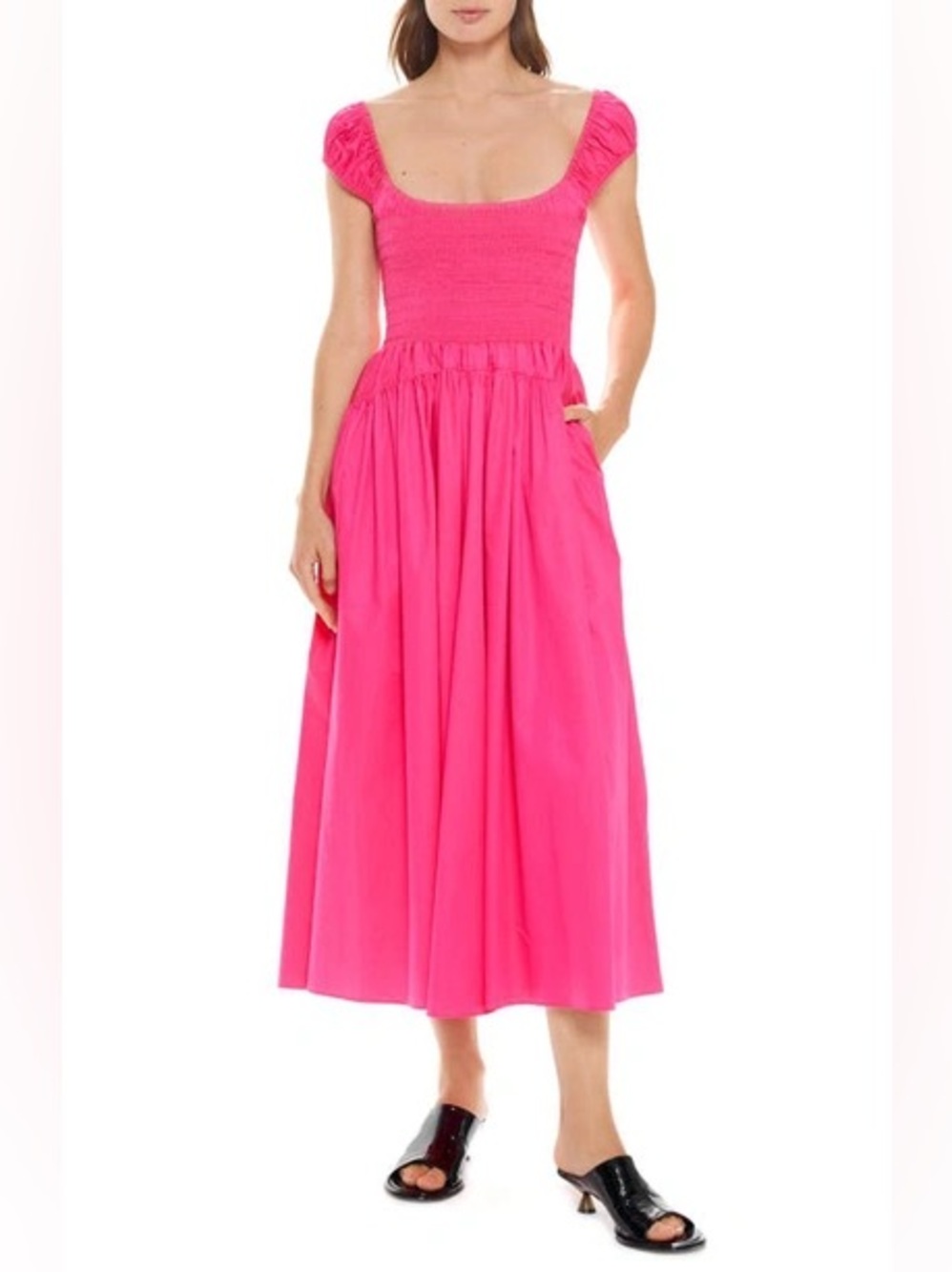 NWT LA LIGNE Vivian Smock Bodice Cap Sleeve Cotton Midi Dress Hot Pink sz S